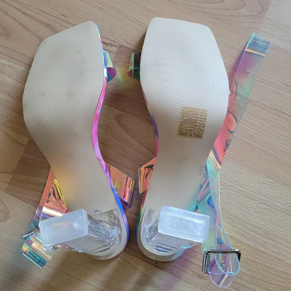 Iridescent Block Heel Sandals Transparent Laser Evening Party - Picture 8 of 9